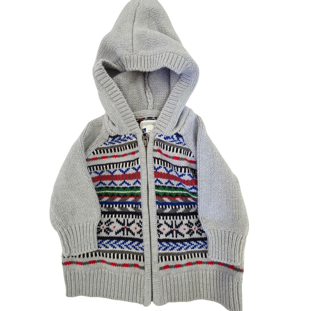 Gymboree Baby Boys Gray Fair Isle Hooded Zip Up Knit Sweater 0-3 Months